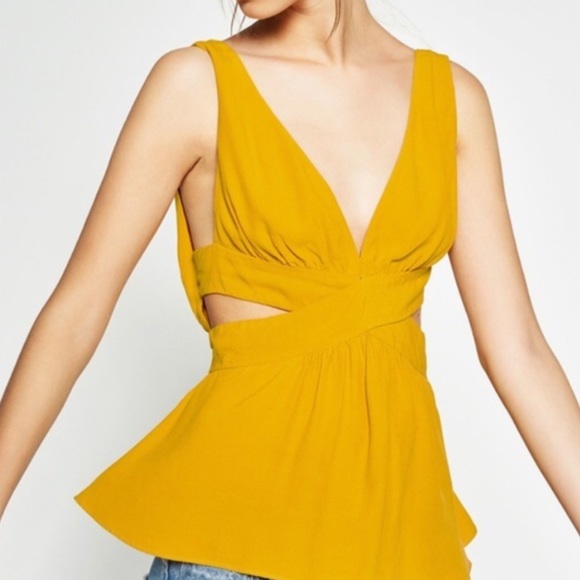 Zara Mustard Yellow Cutout Tie Back Blouse - Picture 4 of 6